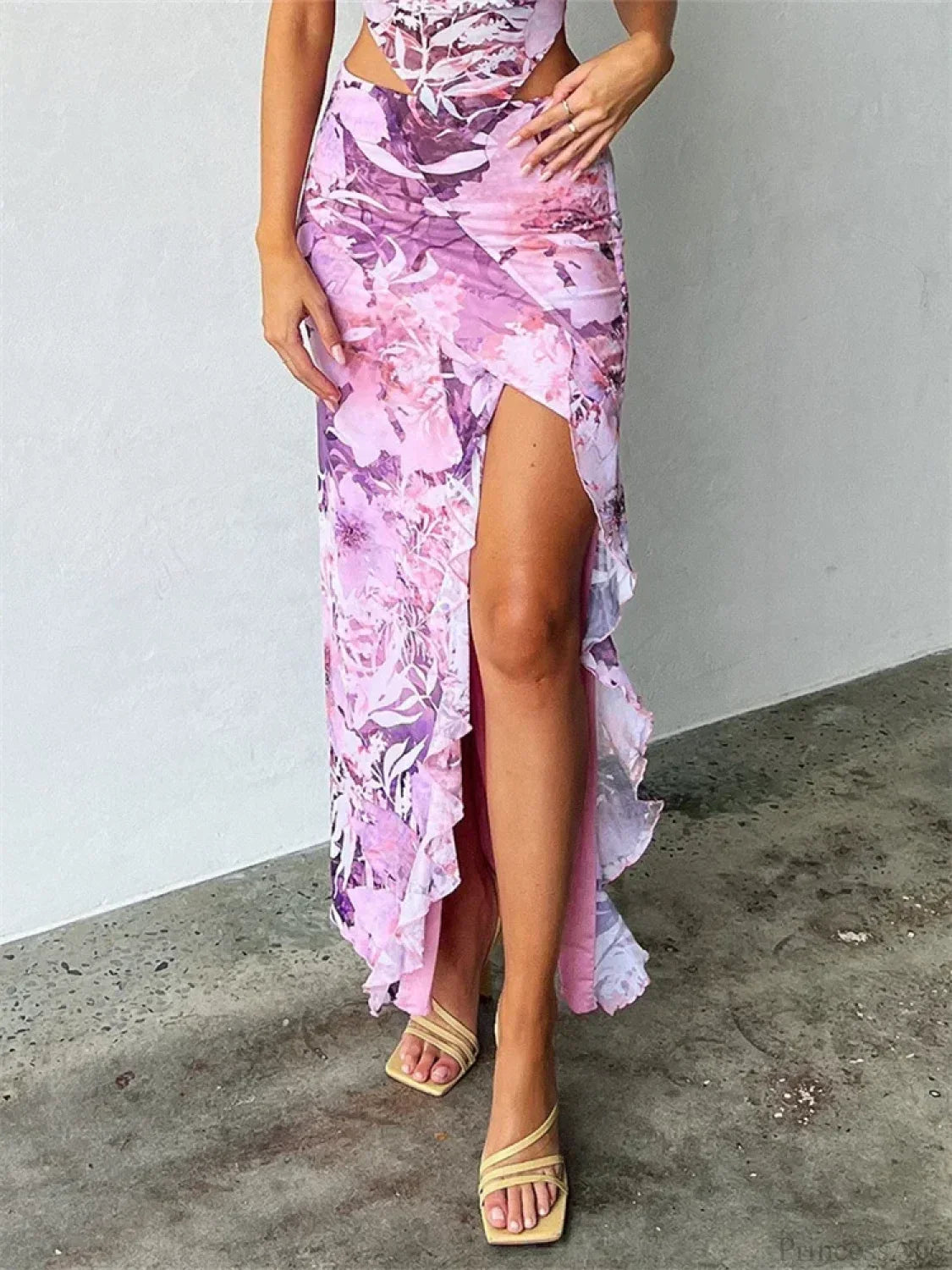 Frill Tulle Floral Low Waist High Split Bohemian Skirt image 4