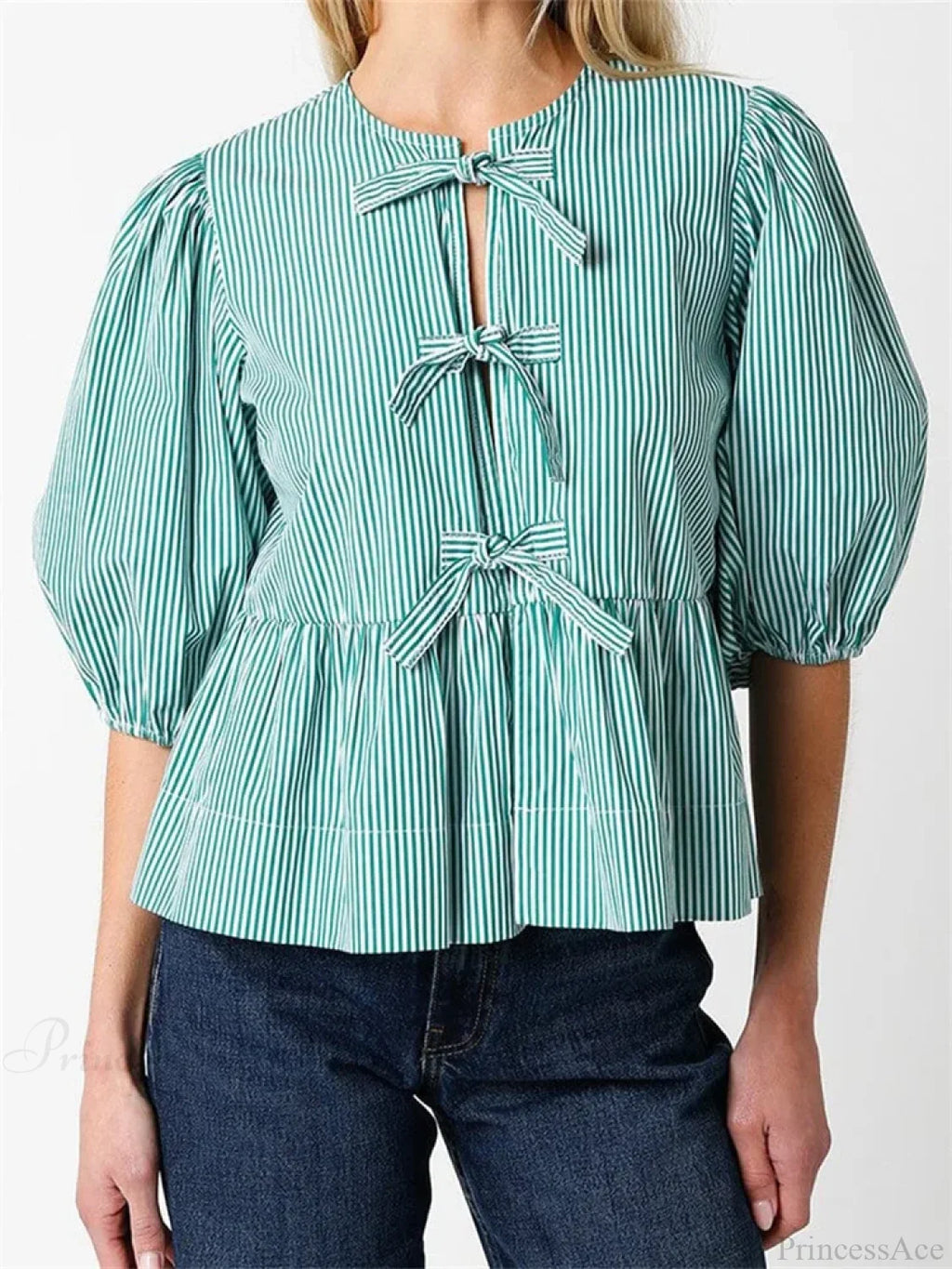 Front Split Bowknot Tie-Up Puff Sleeve Blouse image 3