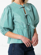 Front Split Bowknot Tie-Up Puff Sleeve Blouse image 4