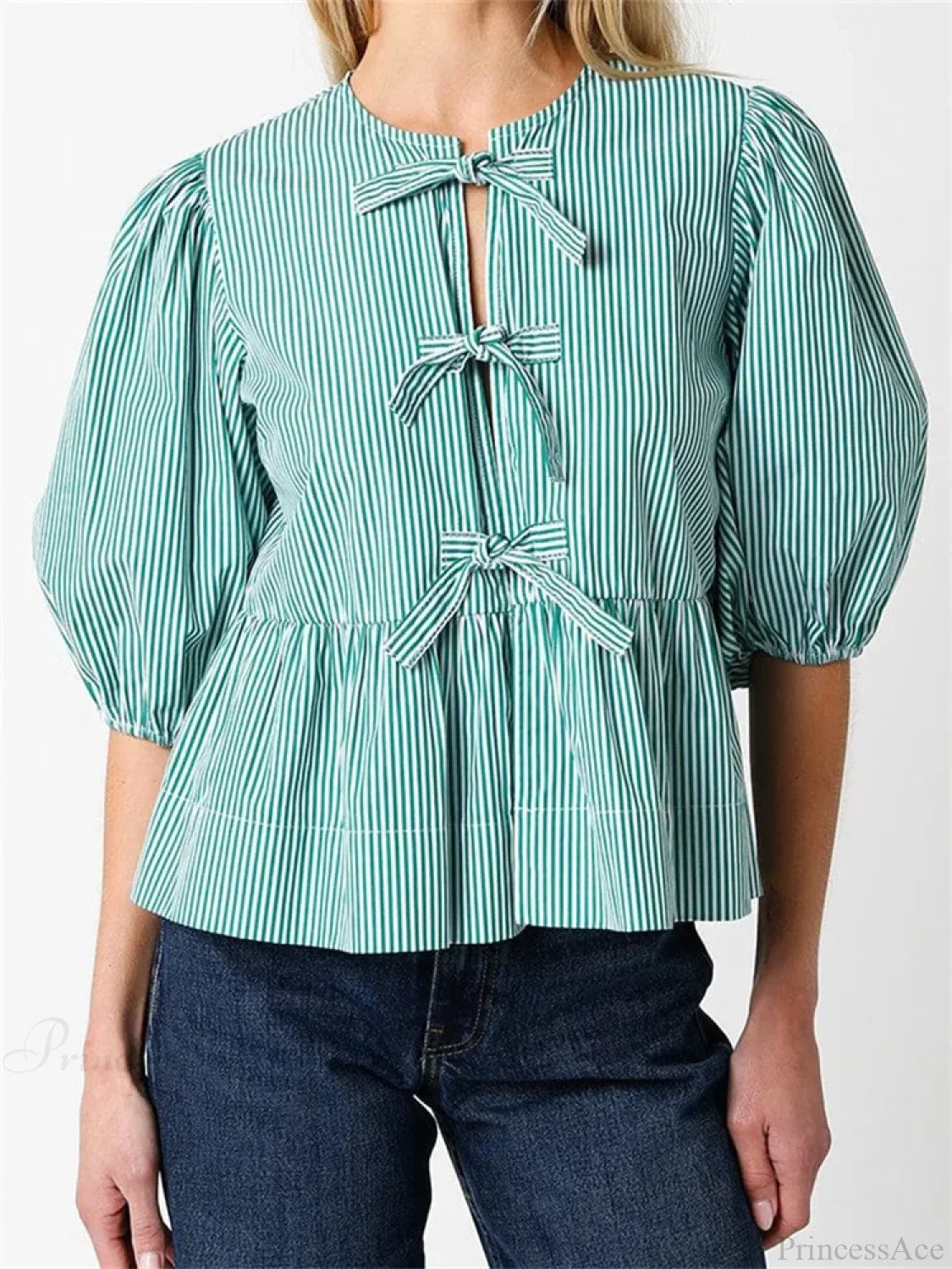 Front Split Bowknot Tie-Up Puff Sleeve Blouse image 1