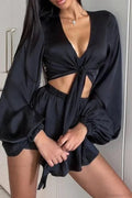 Front Tie Low Cut Full Sleeve Crop Top Flow Shorts Two Pieces Set image 6