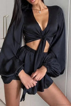 Front Tie Low Cut Full Sleeve Crop Top Flow Shorts Two Pieces Set image 6