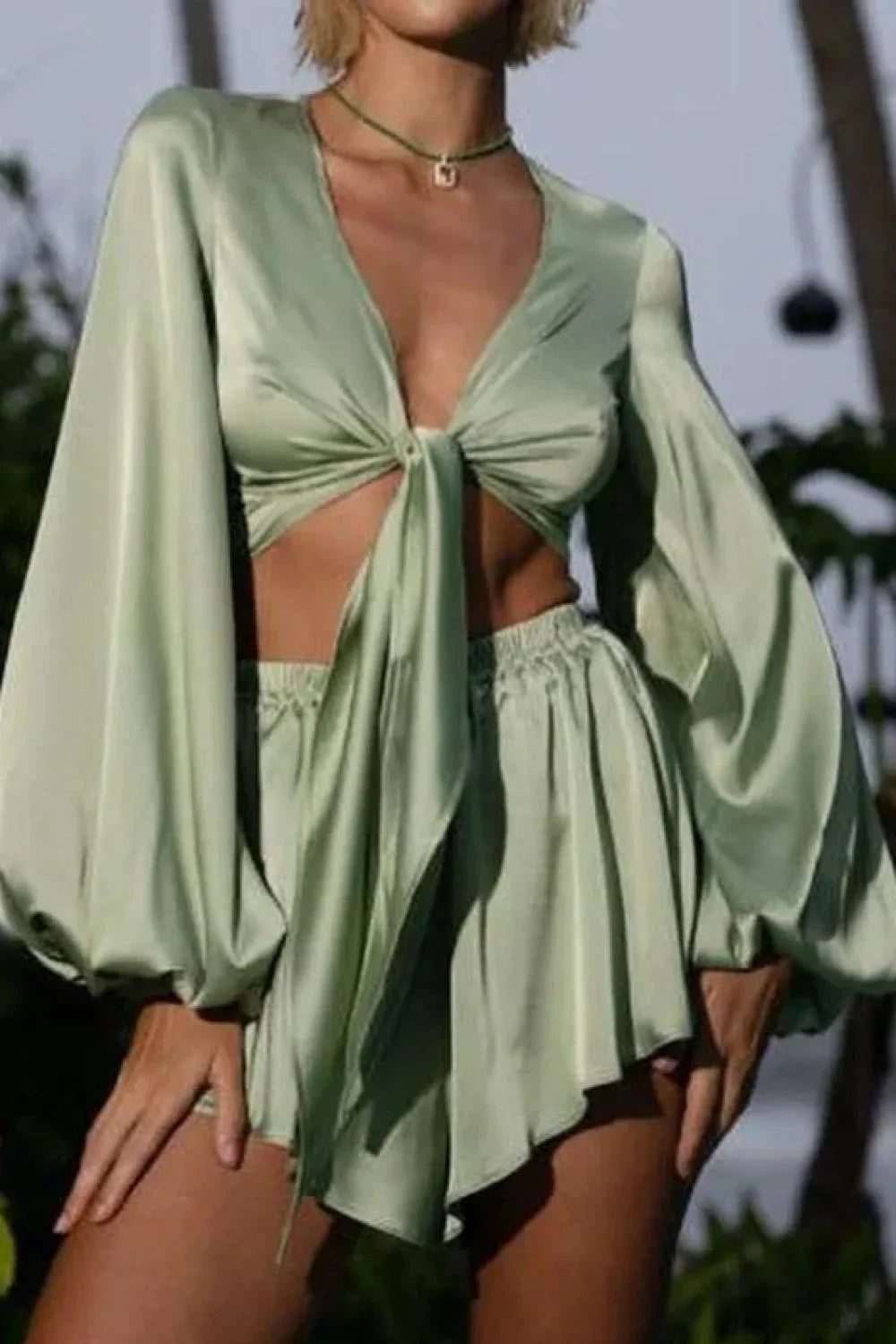 Front Tie Low Cut Full Sleeve Crop Top Flow Shorts Two Pieces Set image 3