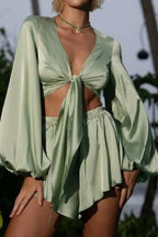 Front Tie Low Cut Full Sleeve Crop Top Flow Shorts Two Pieces Set image 3