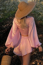 Front Tie Low Cut Full Sleeve Crop Top Flow Shorts Two Pieces Set image 2