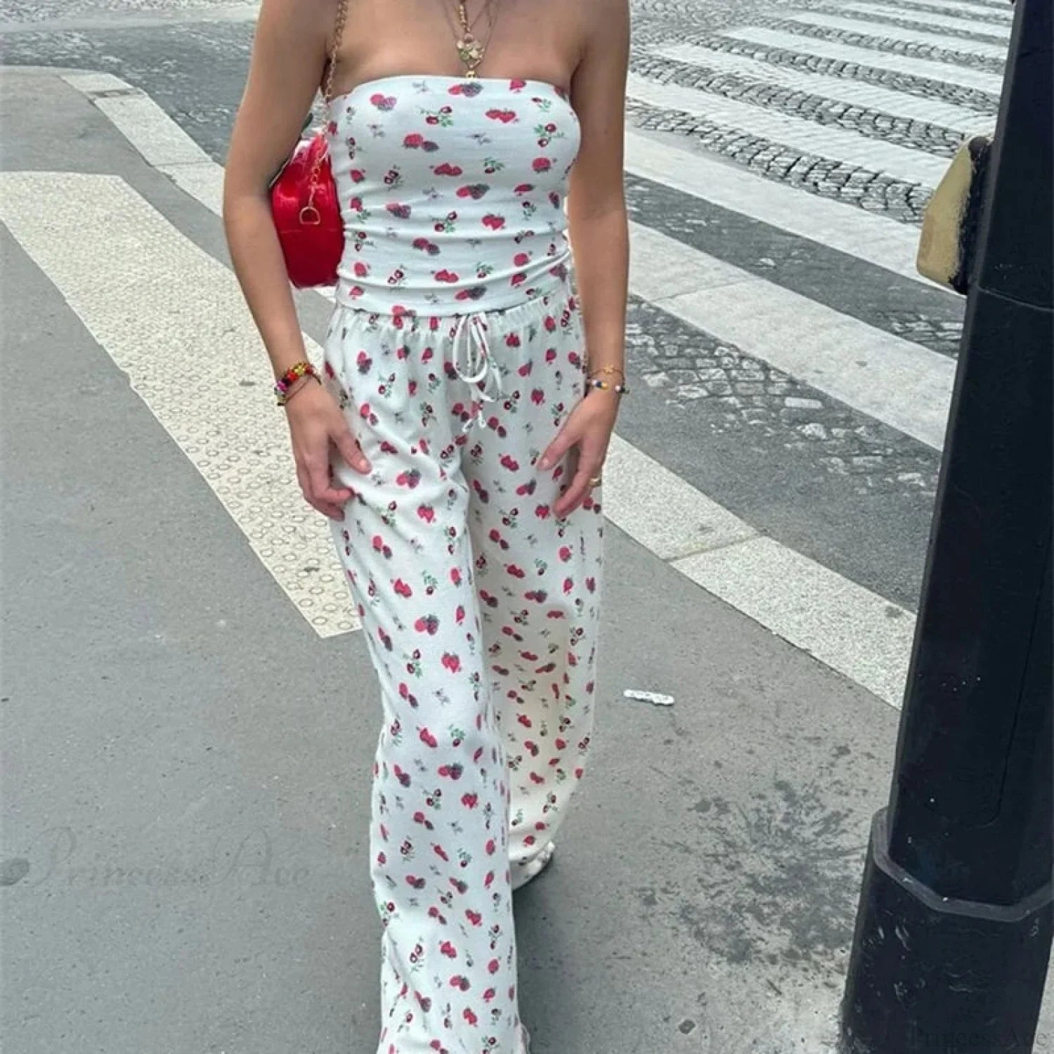 Fruit Print Strapless Tube Top Backless Crop Top Pants Two Pieces Set image 1