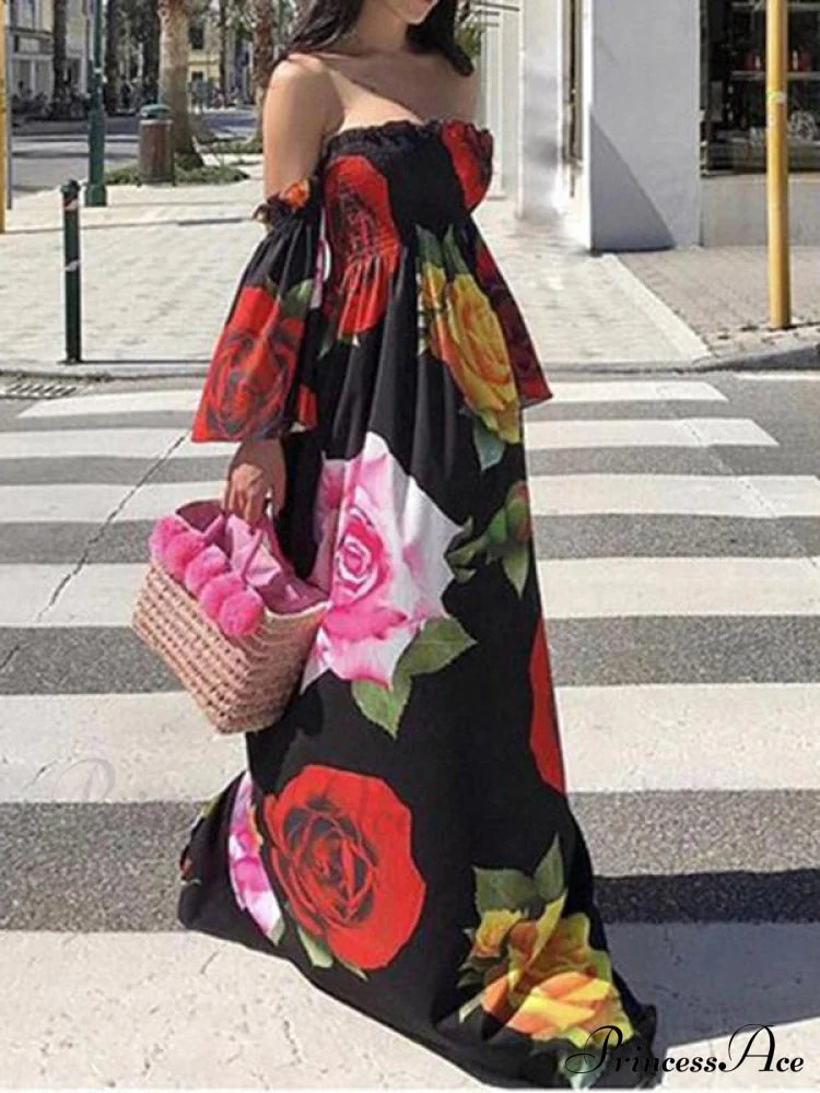 Full-Length Shoulder Flowered Warm-Season Off Dress image 1