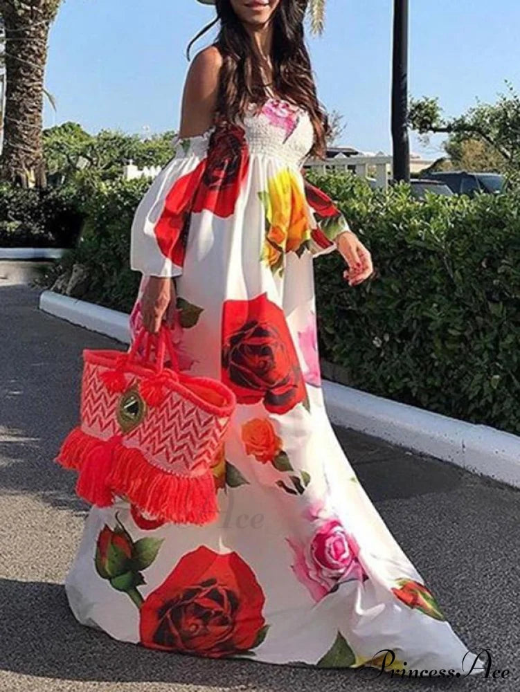 Full-Length Shoulder Flowered Warm-Season Off Dress image 2