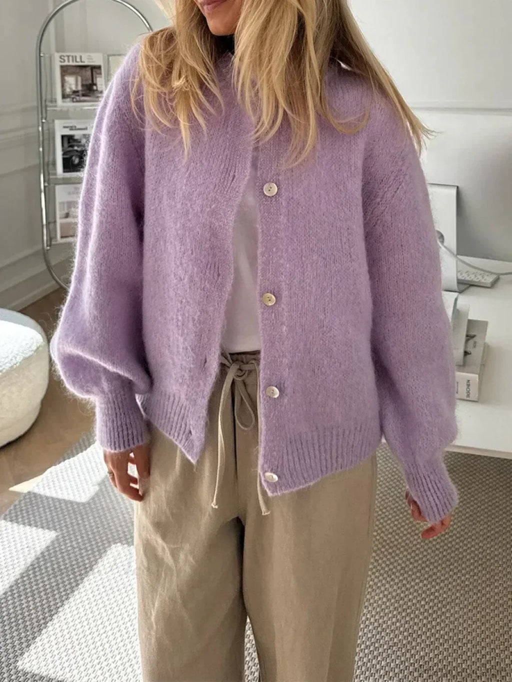 Fuzzy Button-Down Long Sleeve Knit Cardigan image 4