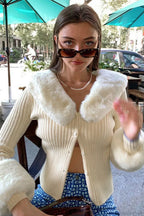 Fuzzy Collar Knit Long Sleeve Cardigan image 2