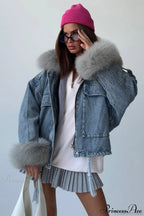 Fuzzy Trim Denim Retro Loose Versatile Coat image 1