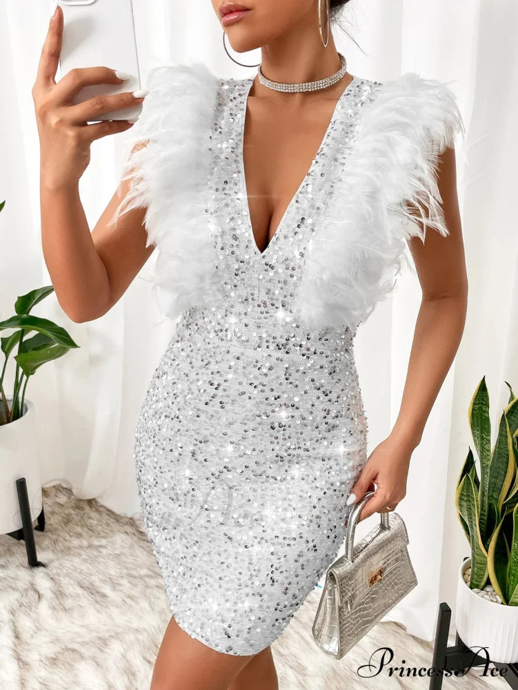 Fuzzy Trim Sequin Zip Back Bodycon Dress image 9