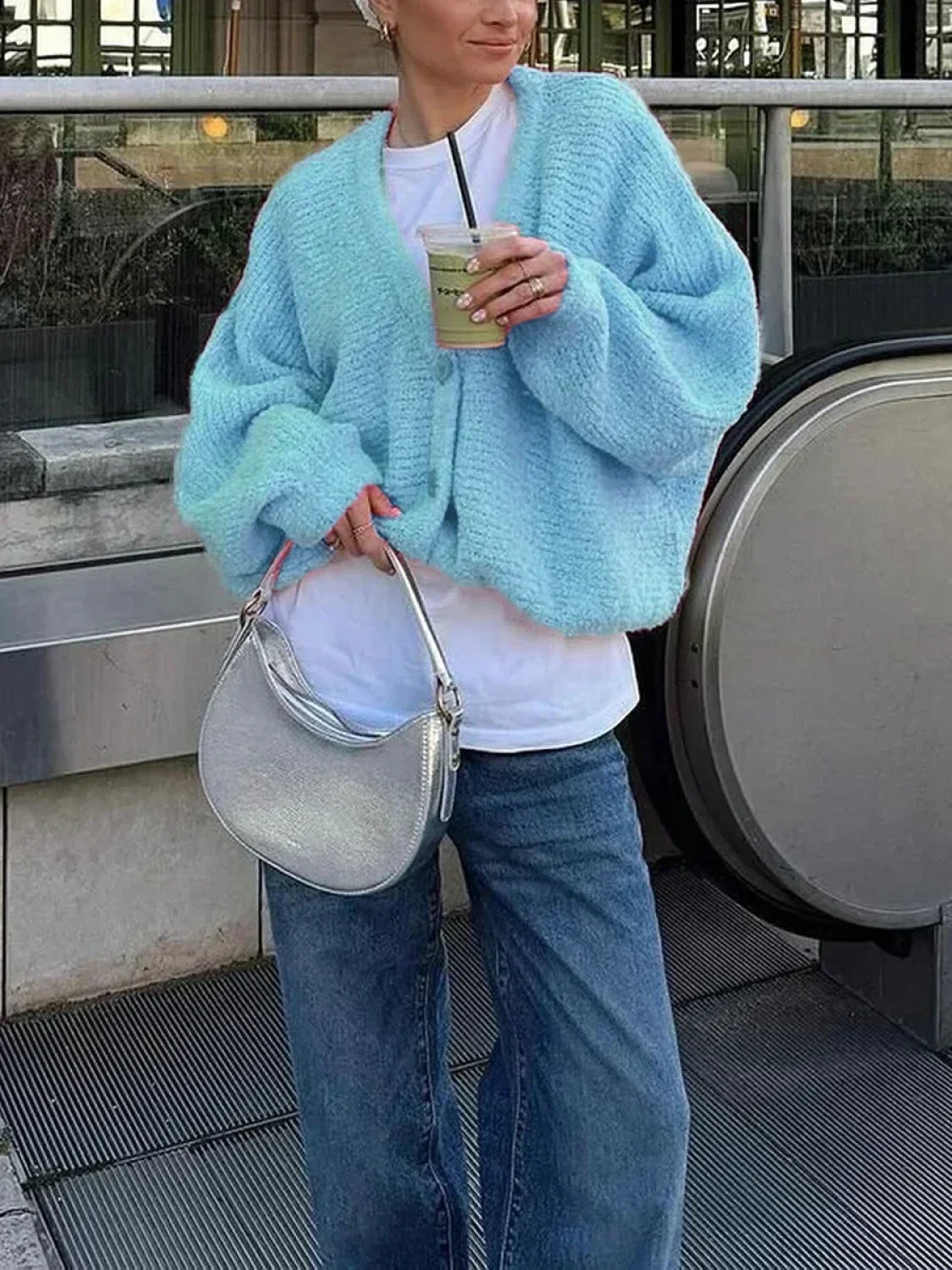 Fuzzy V-neck Button-front Cardigan image 3