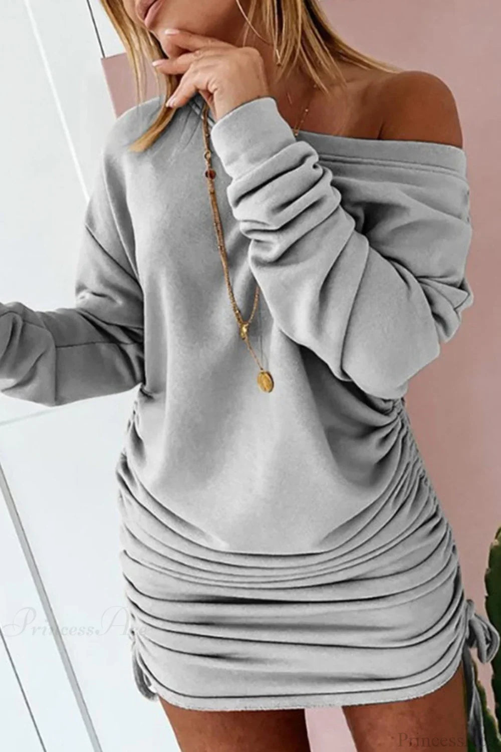 Gathering Dress with Drop Shoulder and Drawstring image 1