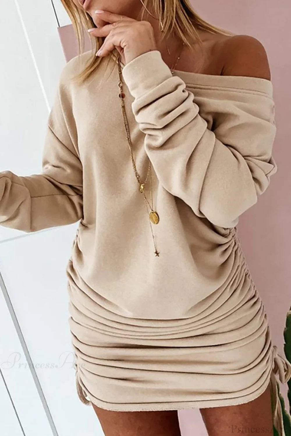 Gathering Dress with Drop Shoulder and Drawstring image 3
