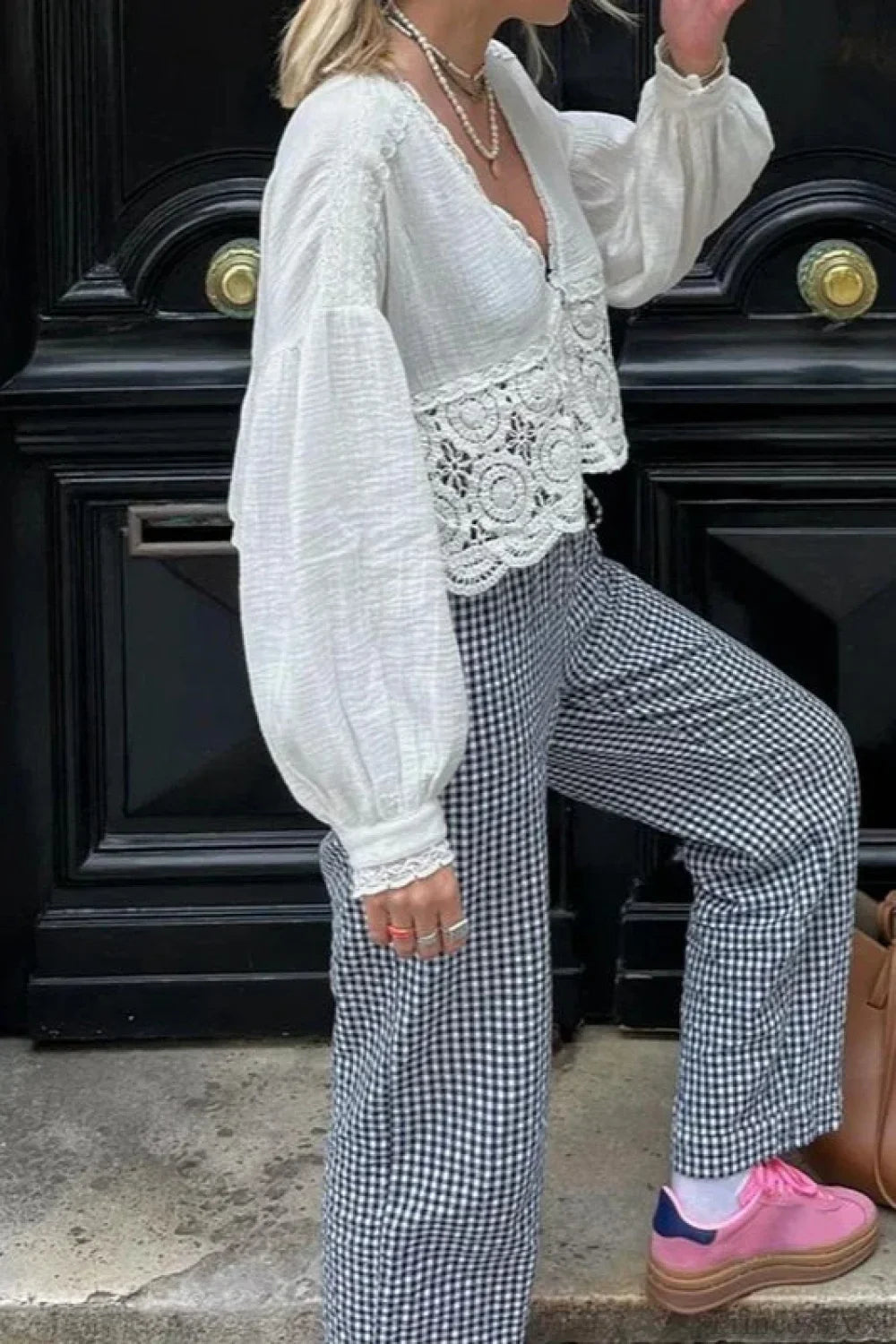 Gingham Print Elastic Waist Drawstring Lounge Pant image 3