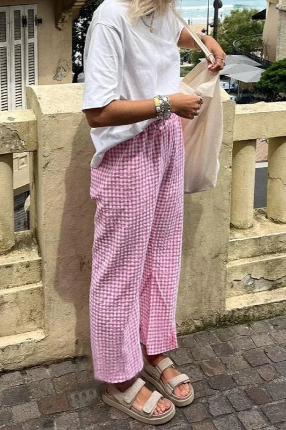 Gingham Print Elastic Waist Drawstring Lounge Pant image 1