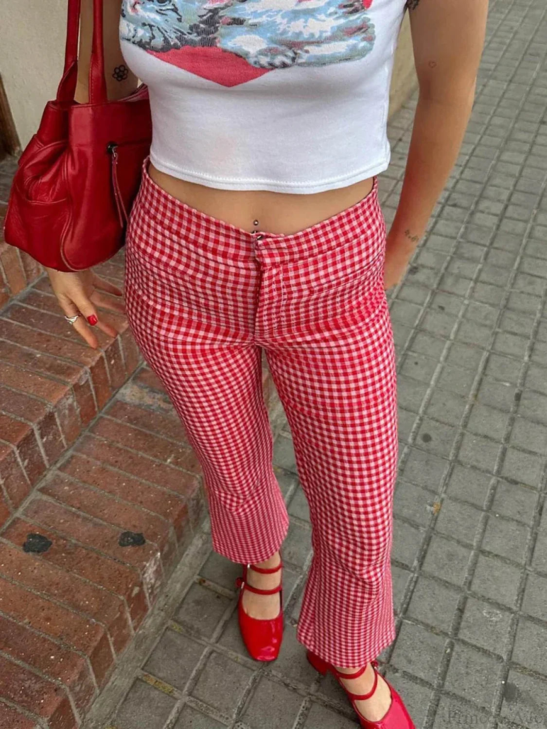 Gingham Red High Waist Flare Plaid Pant image 5