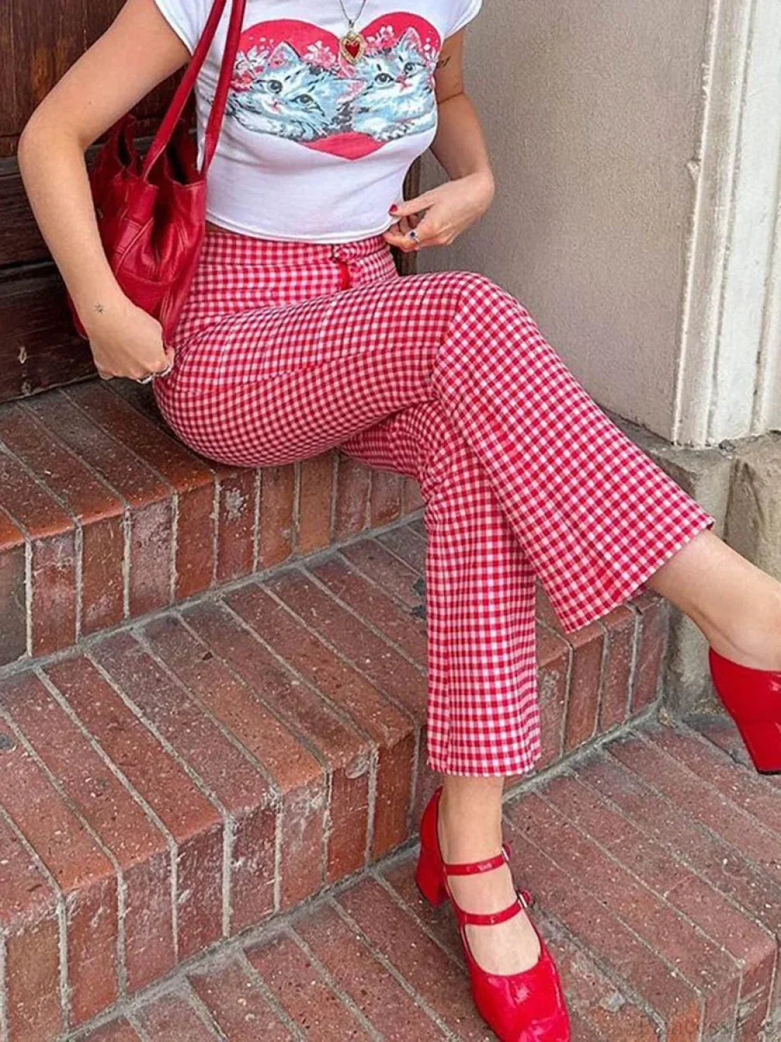 Gingham Red High Waist Flare Plaid Pant image 4