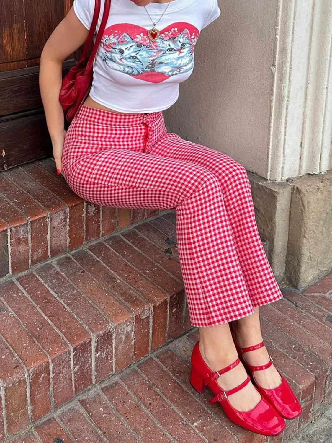 Gingham Red High Waist Flare Plaid Pant image 6