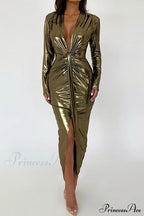 Glossy V Neck Ruched Slit Dress image 14