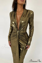 Glossy V Neck Ruched Slit Dress image 12