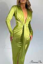 Glossy V Neck Ruched Slit Dress image 3