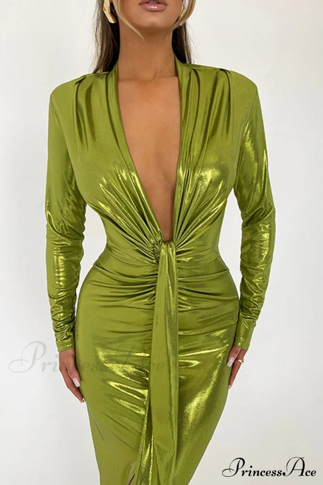 Glossy V Neck Ruched Slit Dress image 2