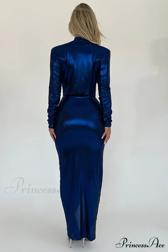 Glossy V Neck Ruched Slit Dress image 22