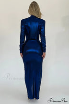 Glossy V Neck Ruched Slit Dress image 22