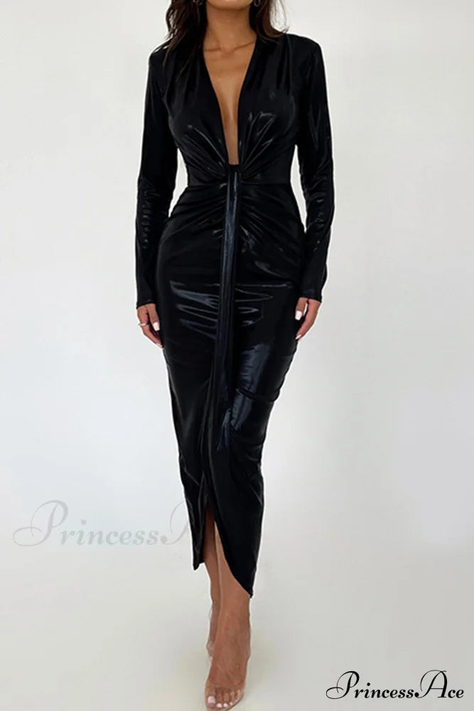Glossy V Neck Ruched Slit Dress image 9