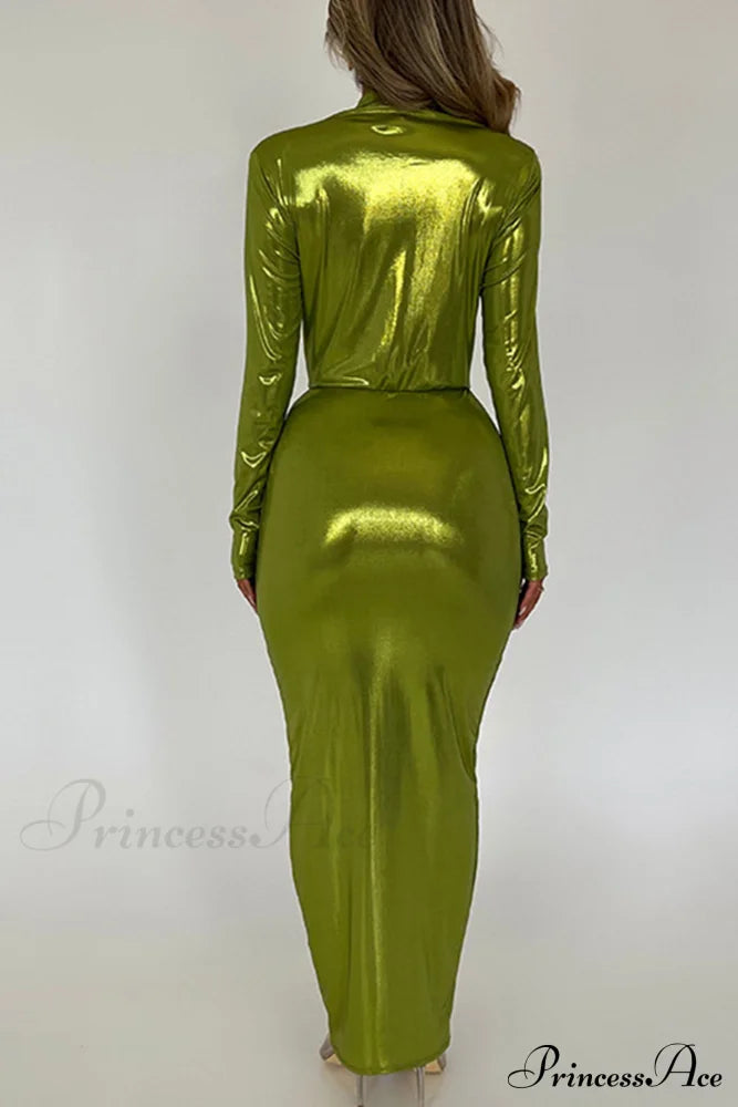 Glossy V Neck Ruched Slit Dress image 5