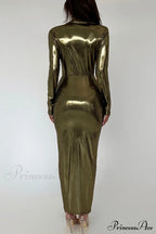 Glossy V Neck Ruched Slit Dress image 16