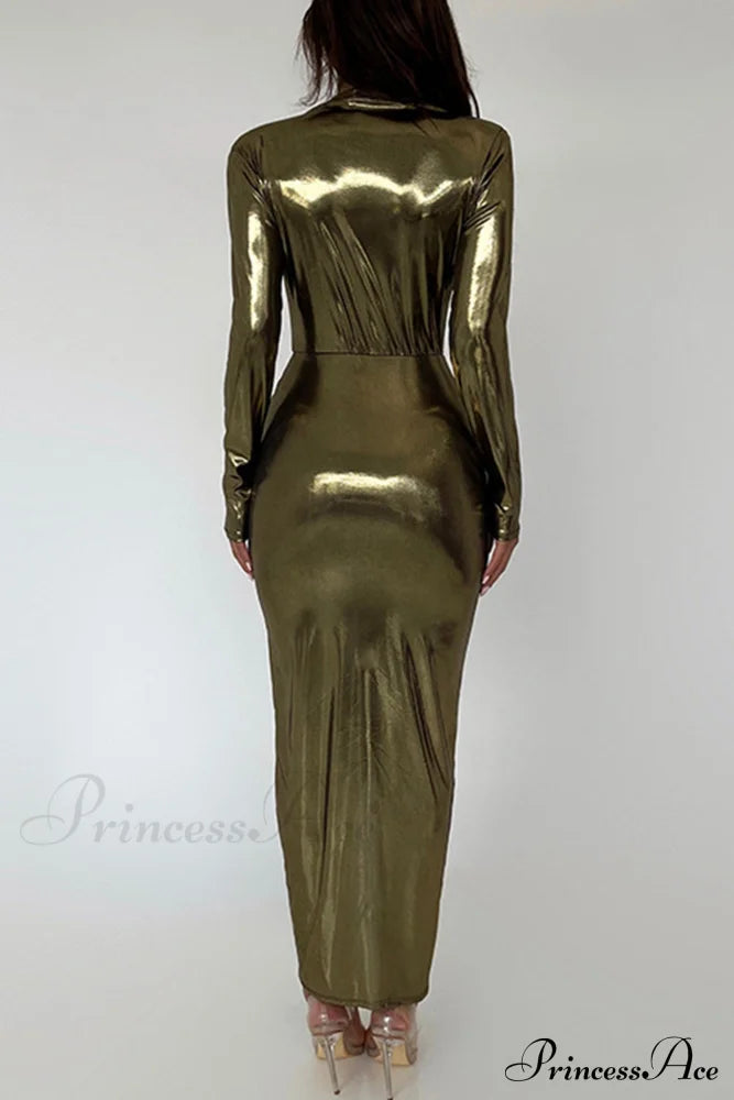 Glossy V Neck Ruched Slit Dress image 16