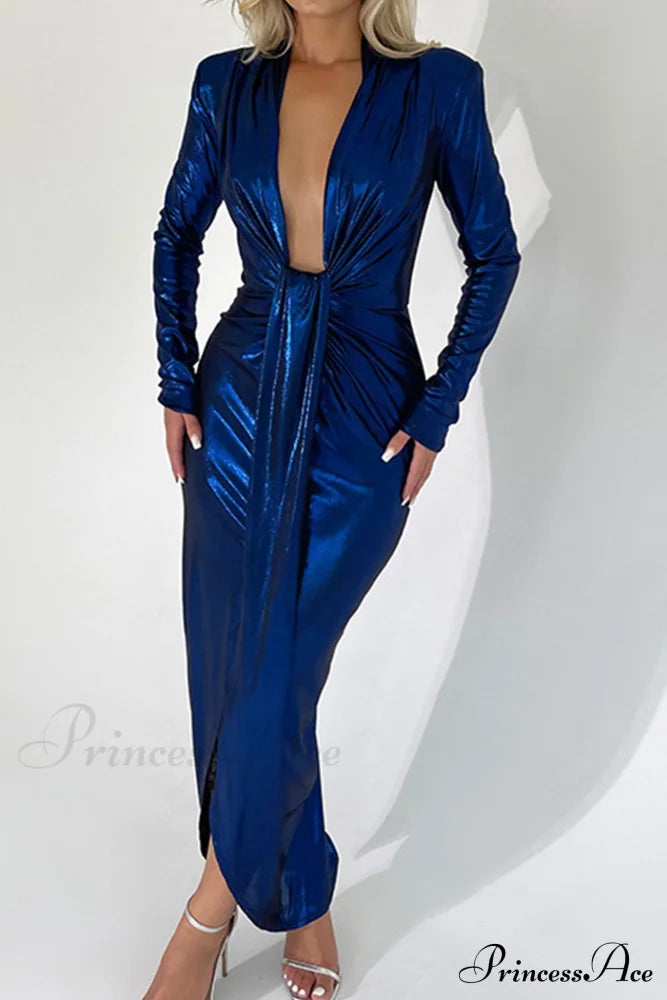 Glossy V Neck Ruched Slit Dress image 21