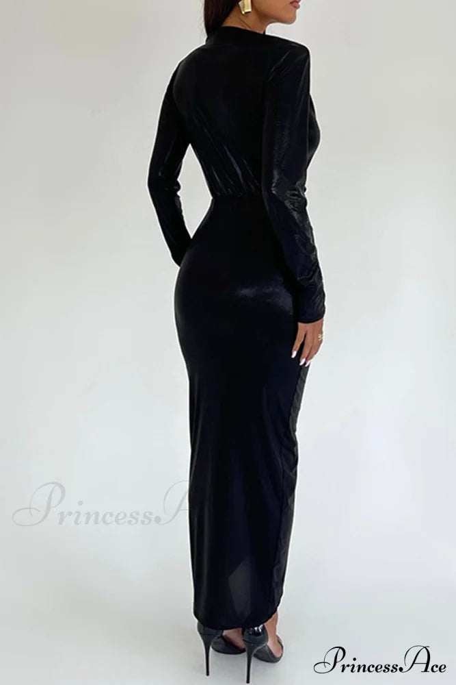 Glossy V Neck Ruched Slit Dress image 10