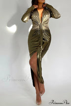Glossy V Neck Ruched Slit Dress image 15