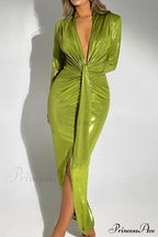 Glossy V Neck Ruched Slit Dress image 4