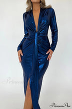 Glossy V Neck Ruched Slit Dress image 20