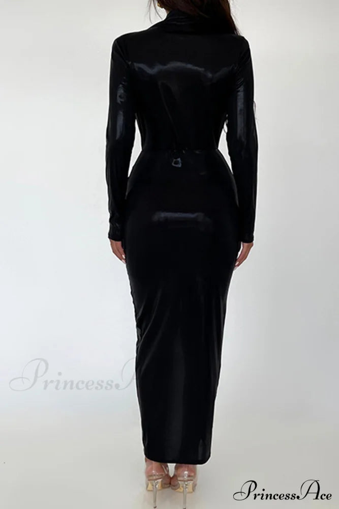 Glossy V Neck Ruched Slit Dress image 11