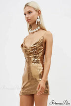 Gold Sequin V Neck Spaghetti Strap Party Dress image 4
