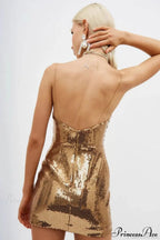 Gold Sequin V Neck Spaghetti Strap Party Dress image 5