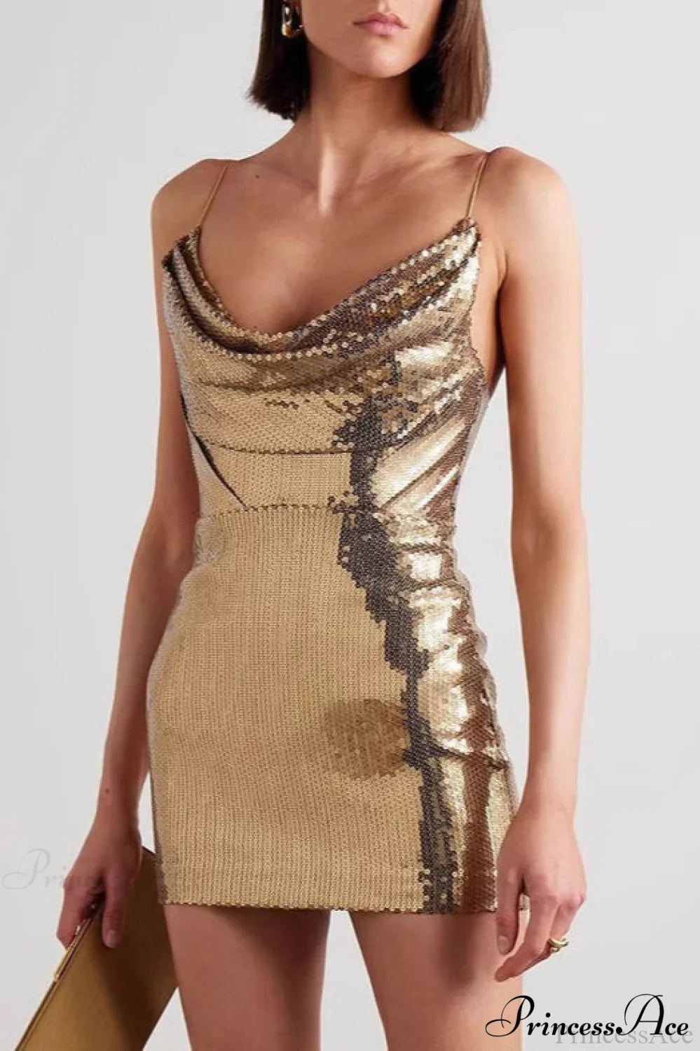 Gold Sequin V Neck Spaghetti Strap Party Dress image 2