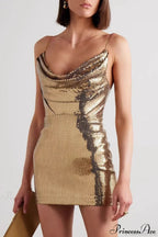 Gold Sequin V Neck Spaghetti Strap Party Dress image 2