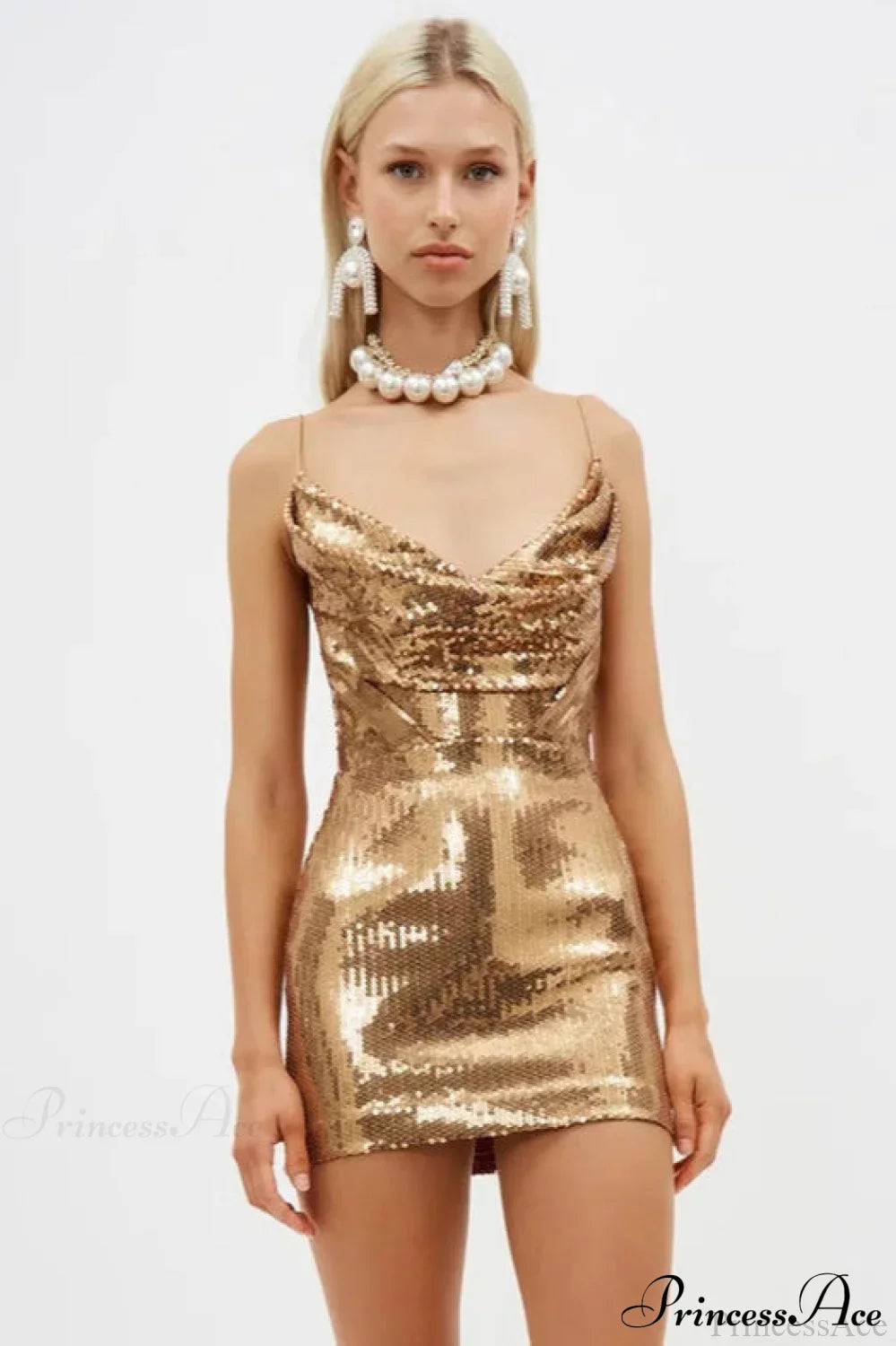 Gold Sequin V Neck Spaghetti Strap Party Dress image 3