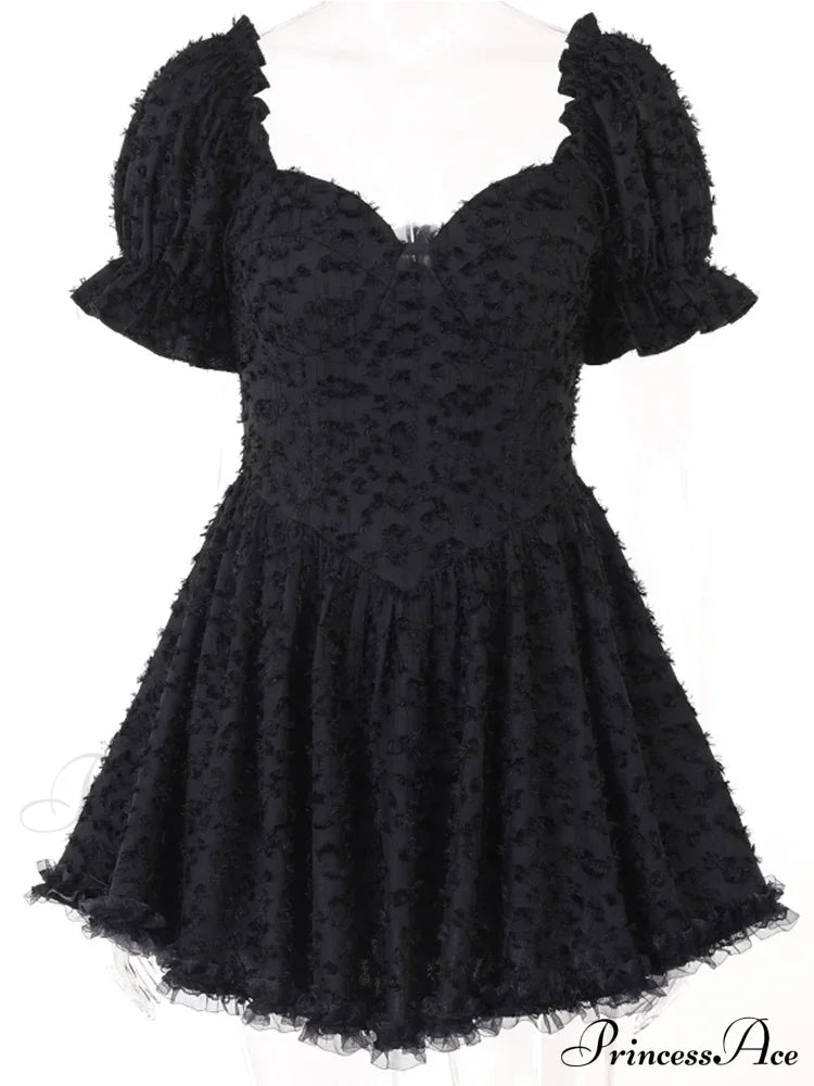 Gothic Lolita Women's Vintage High Waist Black Ball Gown Goth Puff Sleeve V-neck Dress image 5