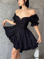 Gothic Lolita Women's Vintage High Waist Black Ball Gown Goth Puff Sleeve V-neck Dress image 6