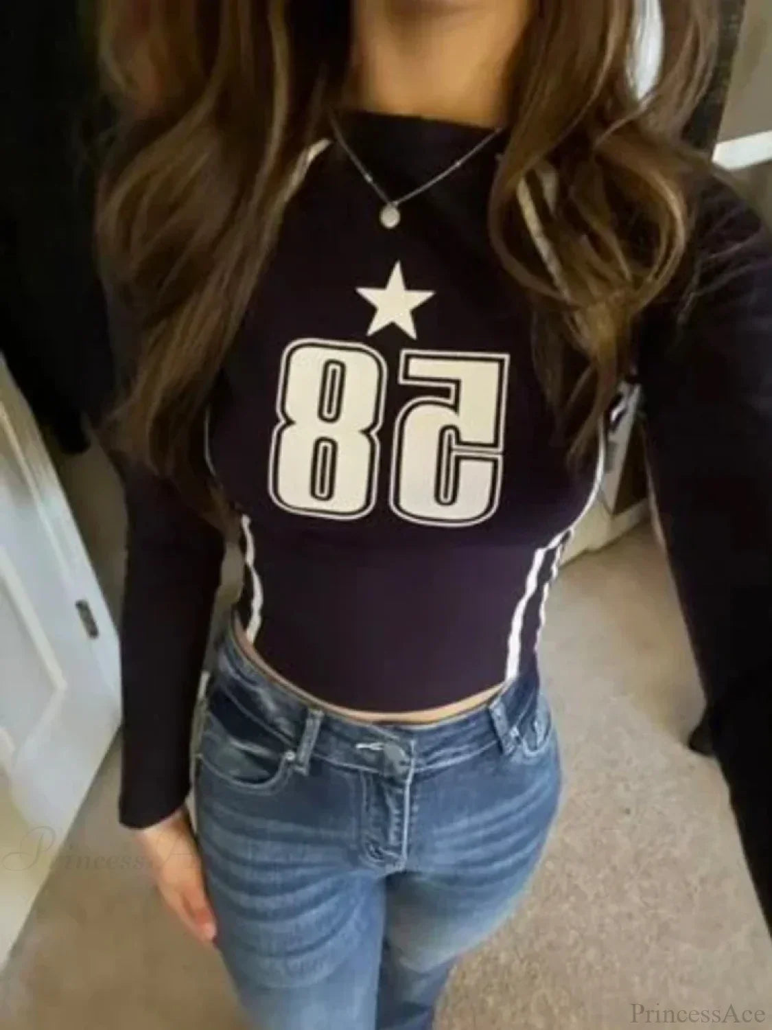 Gothic Open Umbilical Letter Printed Casual Long Sleeve Knit Top image 1