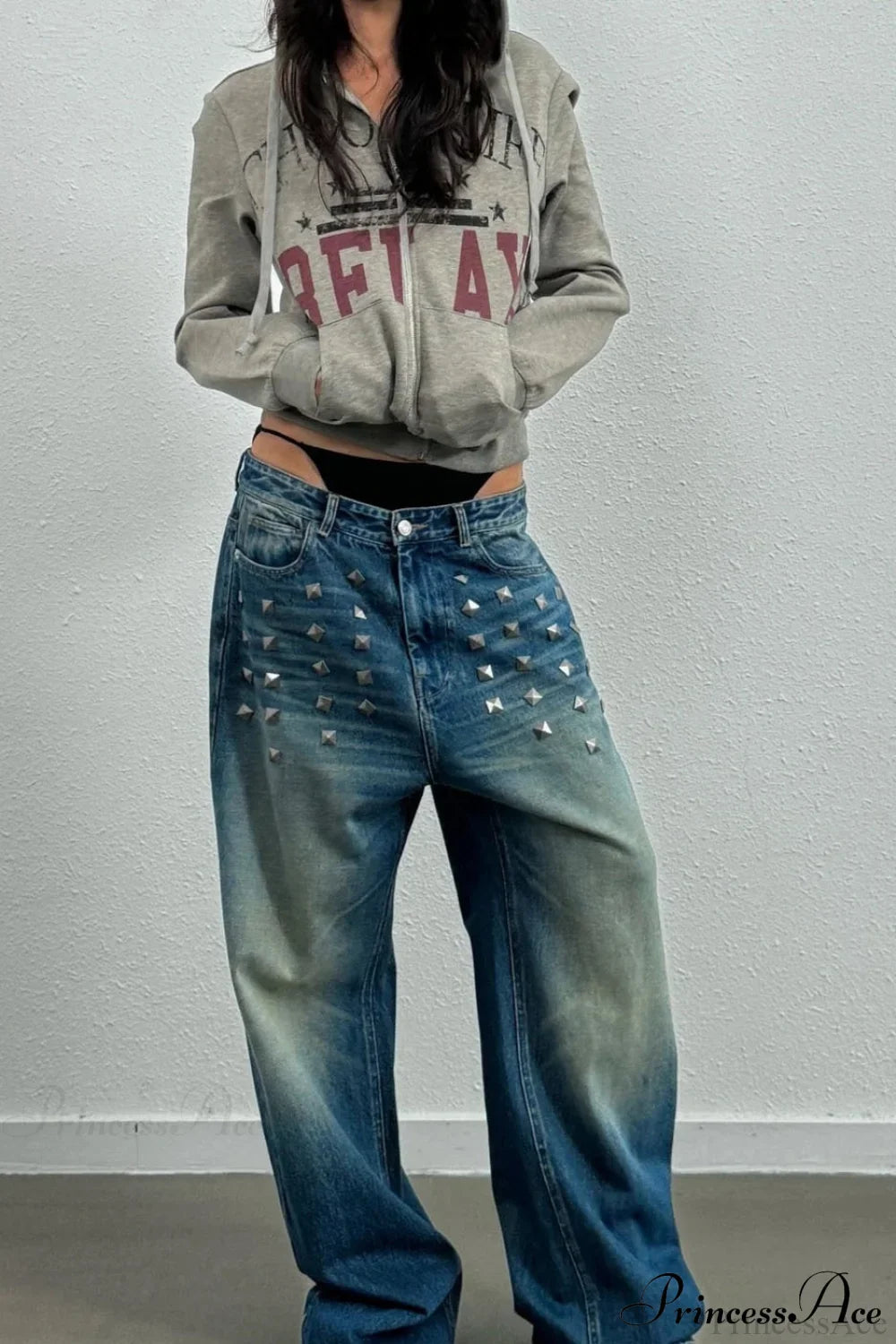 Gothic Streetwear Riveted Loose Jeans image 1