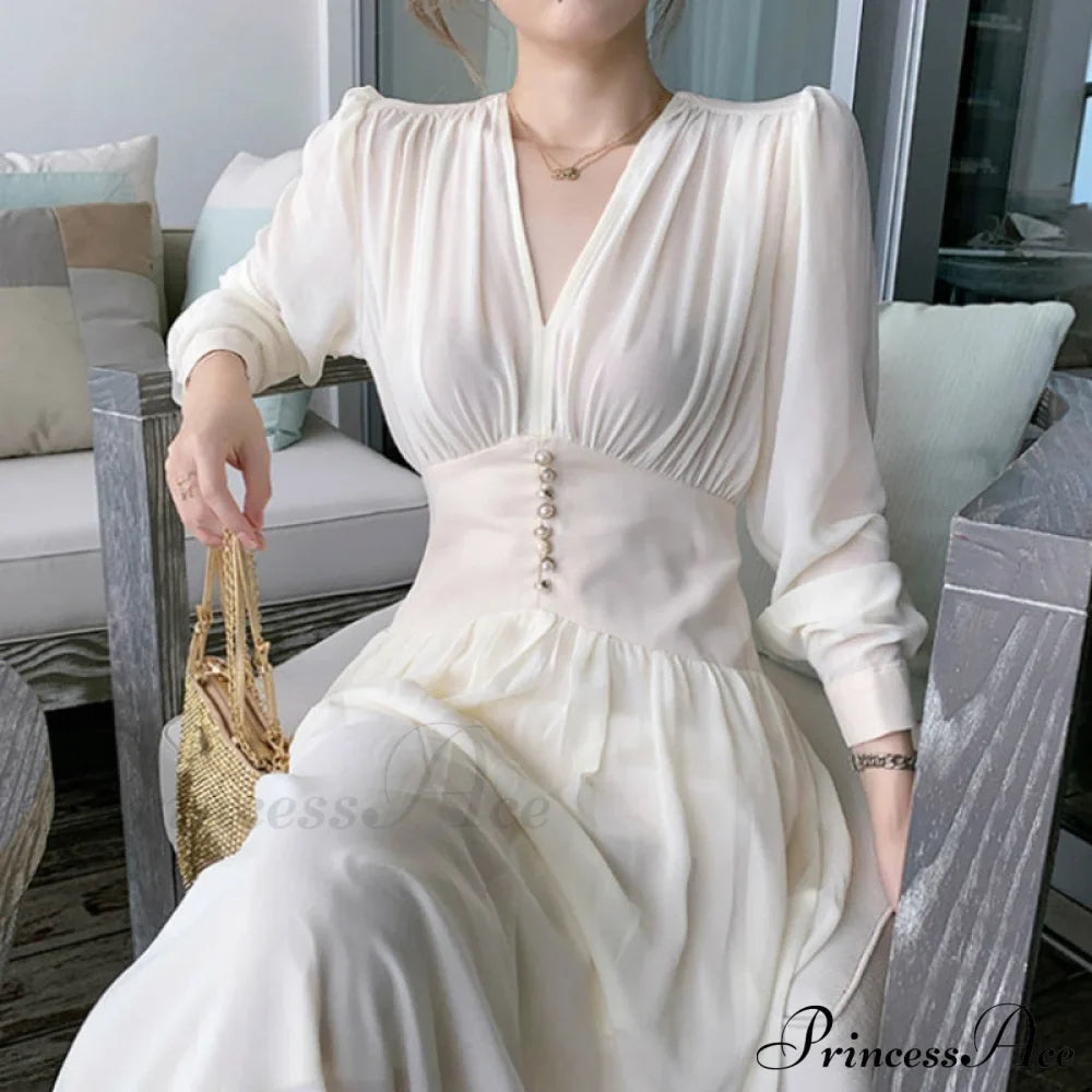 Gown Midi Elegant Arm Long Solid V-Neck for Women image 1